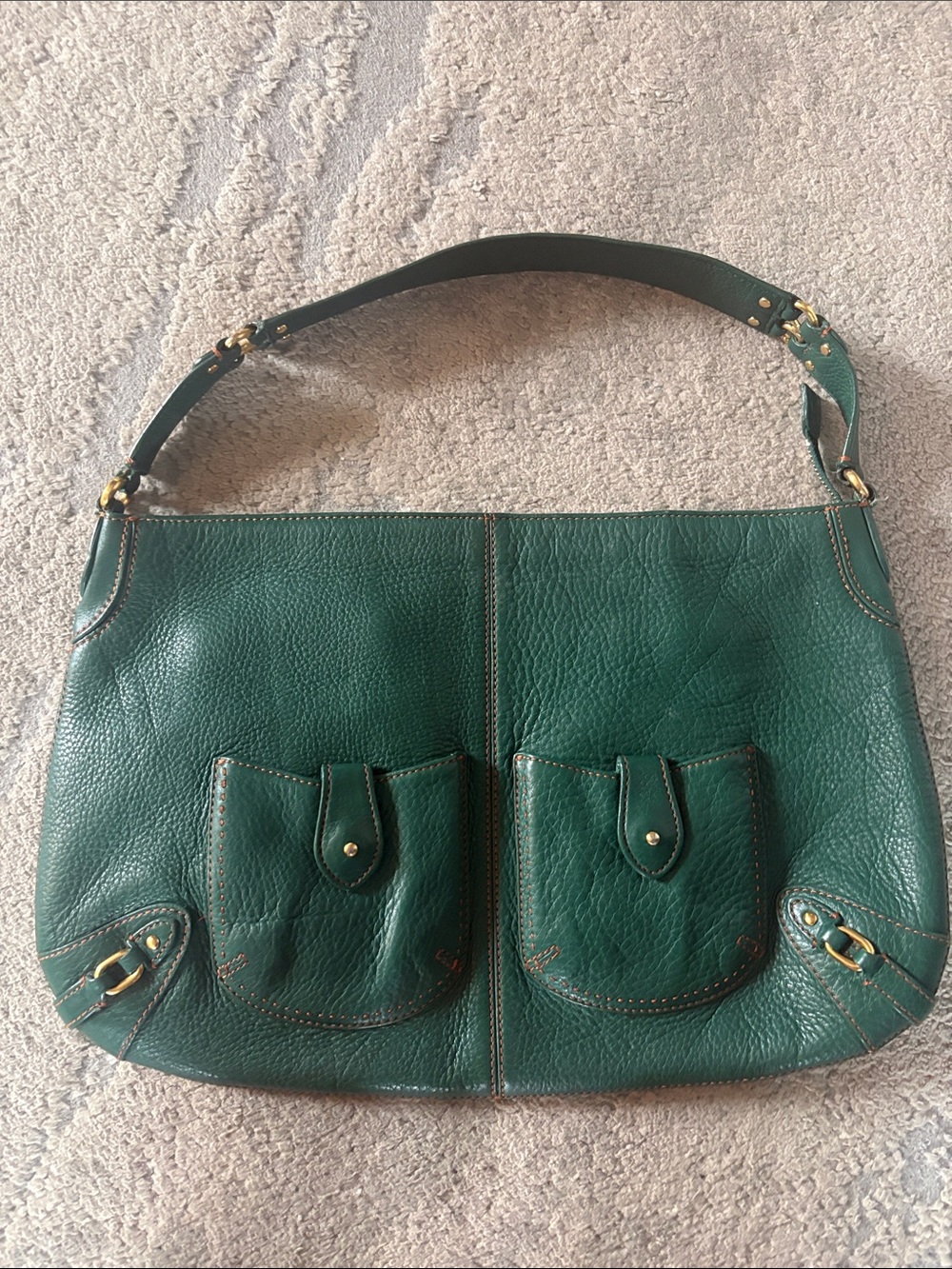 Cole Haan Dark Green Village Pebbled Leather Shoulder Bag with Front Pockets